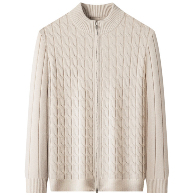 Mens thick knit half zip sweater from the front with the stand collar zipped