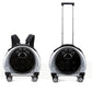Silver pet carriers shown as a backpack with shoulder straps beside a trolley with a telescopic handle