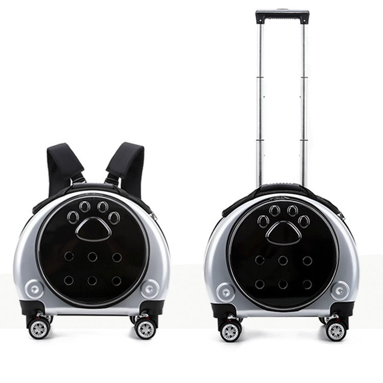 Silver pet carriers shown as a backpack with shoulder straps beside a trolley with a telescopic handle