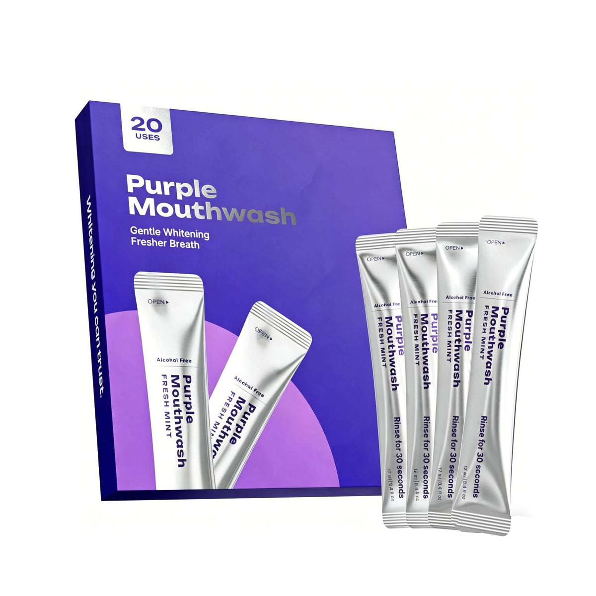 Purple mint mouthwash box of 20 single use sticks with fresh mint rinse, alcohol free