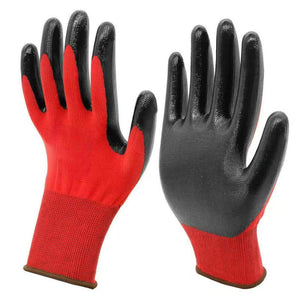 Pair of red knit work gloves with a black nitrile coated palm and fingers