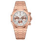 Back view of the quartz watch case resting on the steel bracelet