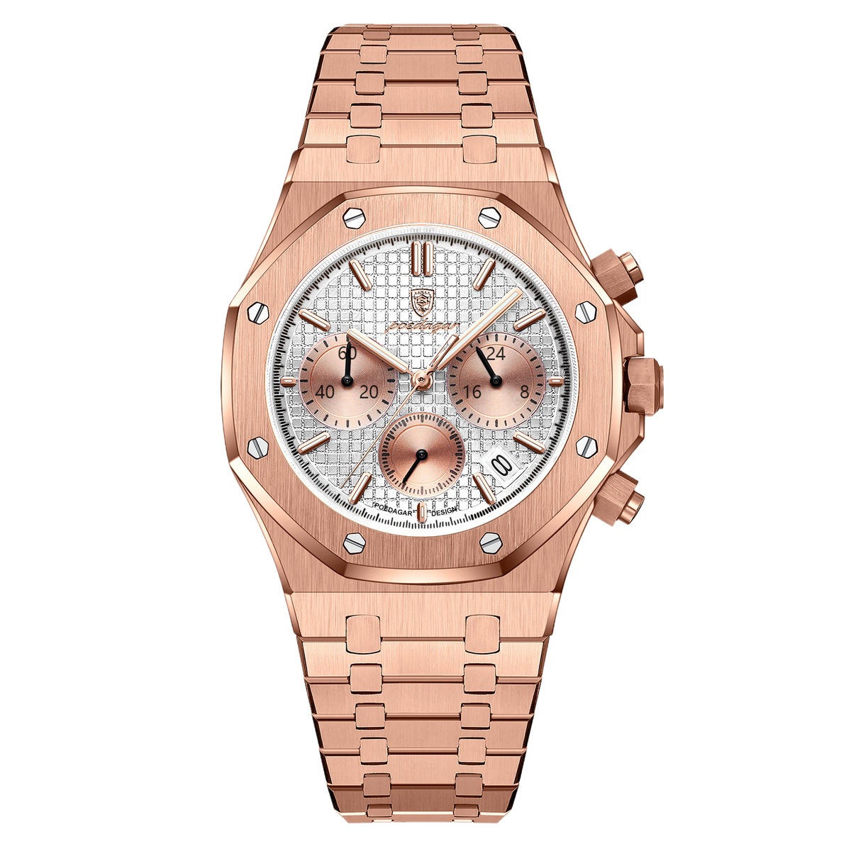 Back view of the quartz watch case resting on the steel bracelet