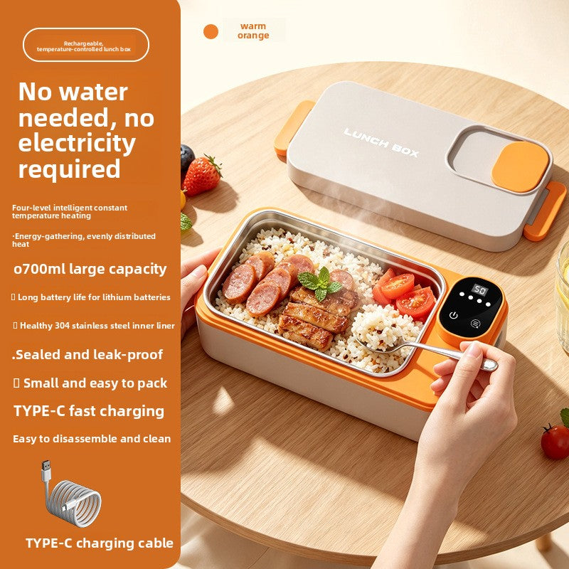 Warm orange electric lunch box with rice and sausages in the liner beside a feature panel, orange option