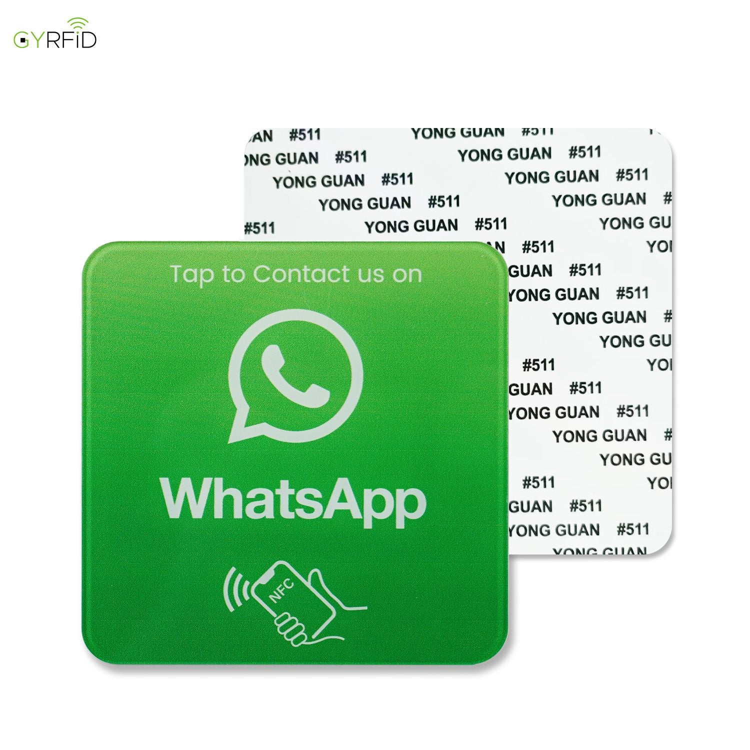 Clear acrylic NFC sticker with a printed QR code and a tap here NFC icon