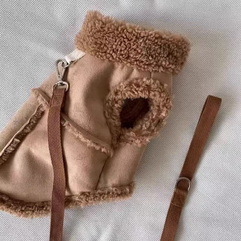 Small dog faux suede warm vest in size S with sherpa collar in warm brown