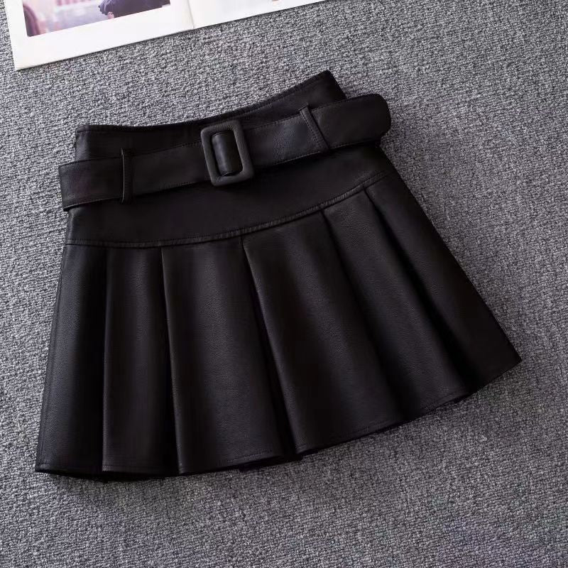 Black with Belt variant, size 3XL: black pleated mini skirt with a self-fabric belt laid flat on gray carpet