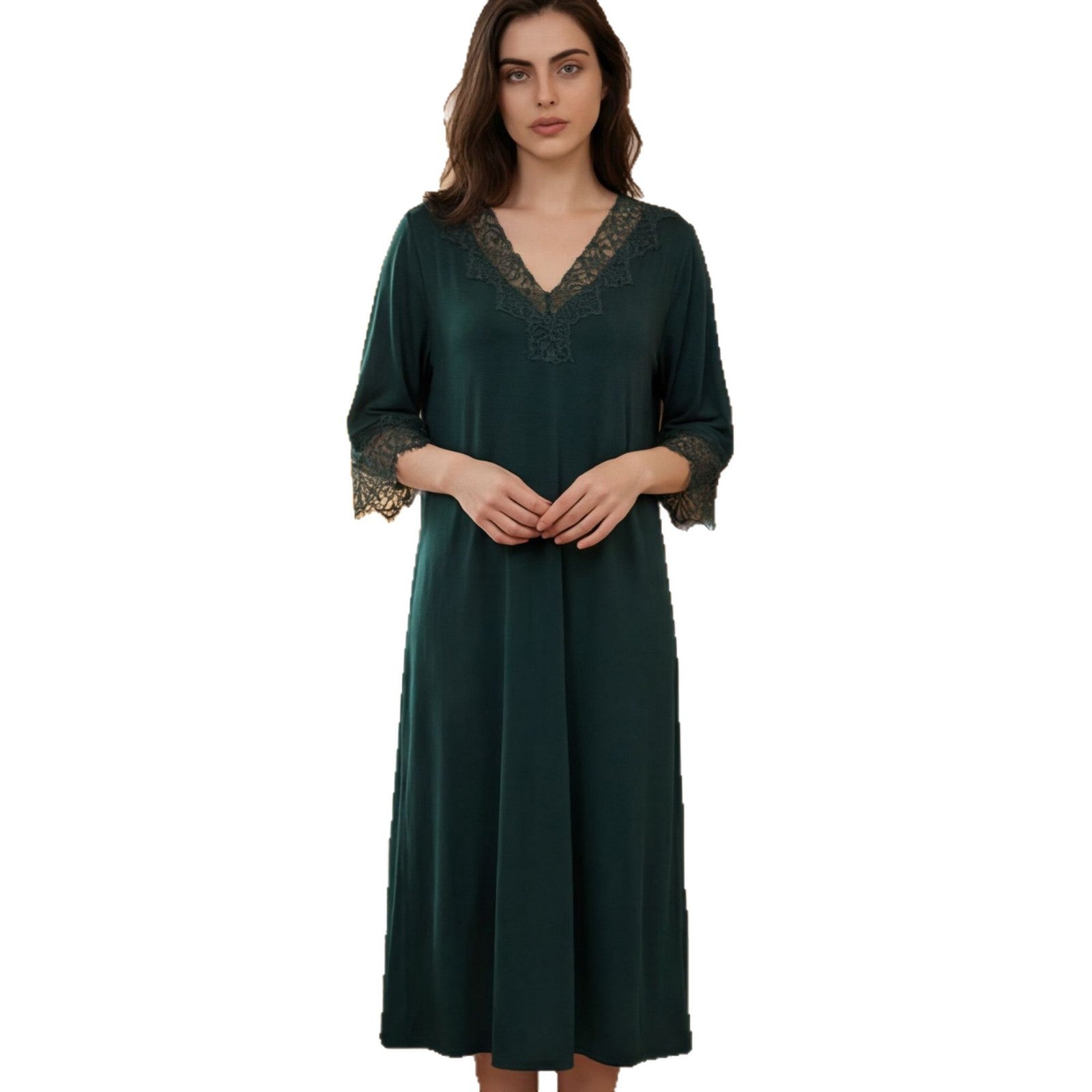 Lace trimmed nightgown front view showing the lace hem and relaxed cut