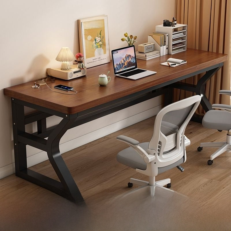 Walnut top desk with a black frame and a white office chair, Black Frame Walnut, 80x60x75cm