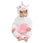 White unicorn hooded flannel baby jumpsuit on a white background, shown in the gallery only, not an option