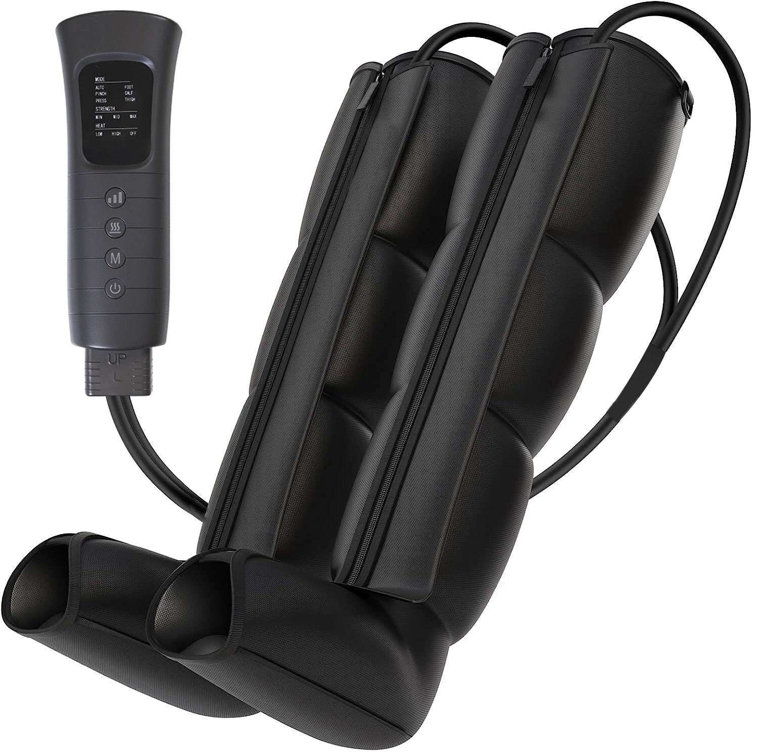 Black zip up leg and foot air compression massage boot shown at an angle with its padded air chambers