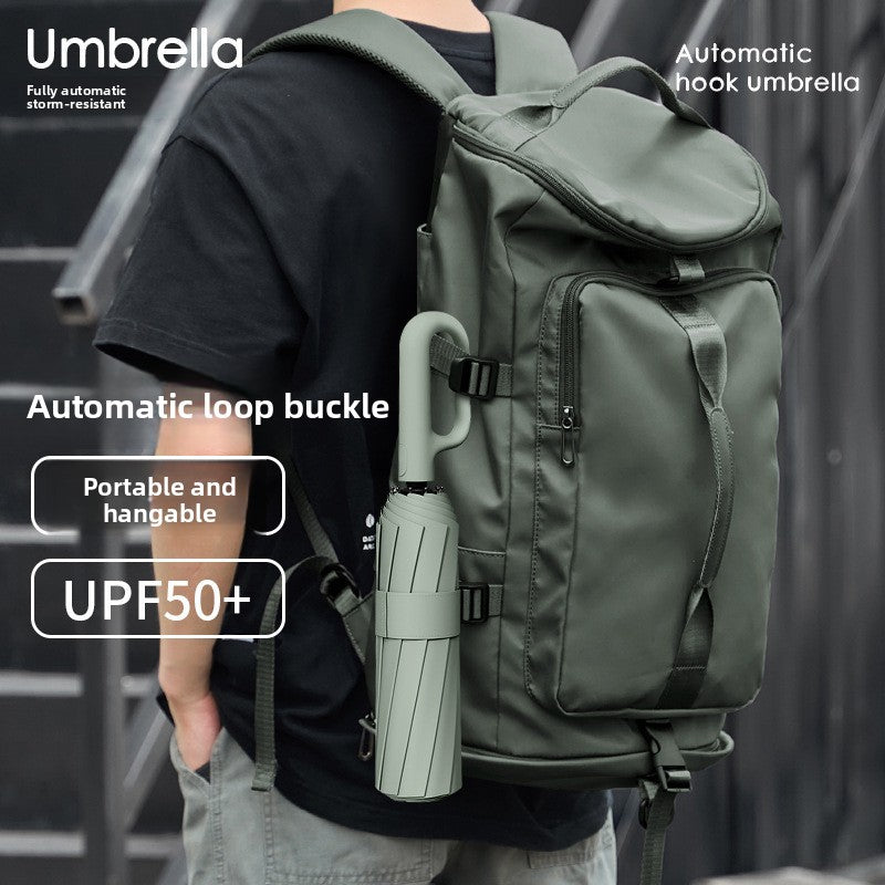 Automatic folding umbrella shown open with a wind resistant rib frame