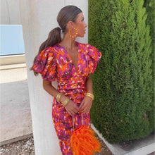Printed V-Neck Puff Sleeve Bodycon Dress