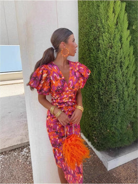 Printed V-Neck Puff Sleeve Bodycon Dress