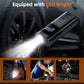 Cordless air pump with a bright LED work light beam pointed at a car wheel at night