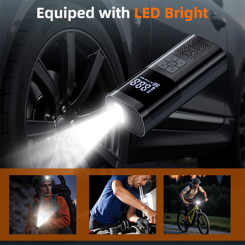 Cordless air pump with a bright LED work light beam pointed at a car wheel at night