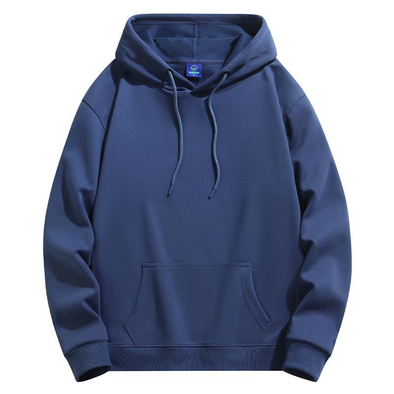 Haze blue heavyweight pullover hoodie with drawstring hood and kangaroo pocket, front view, size M option