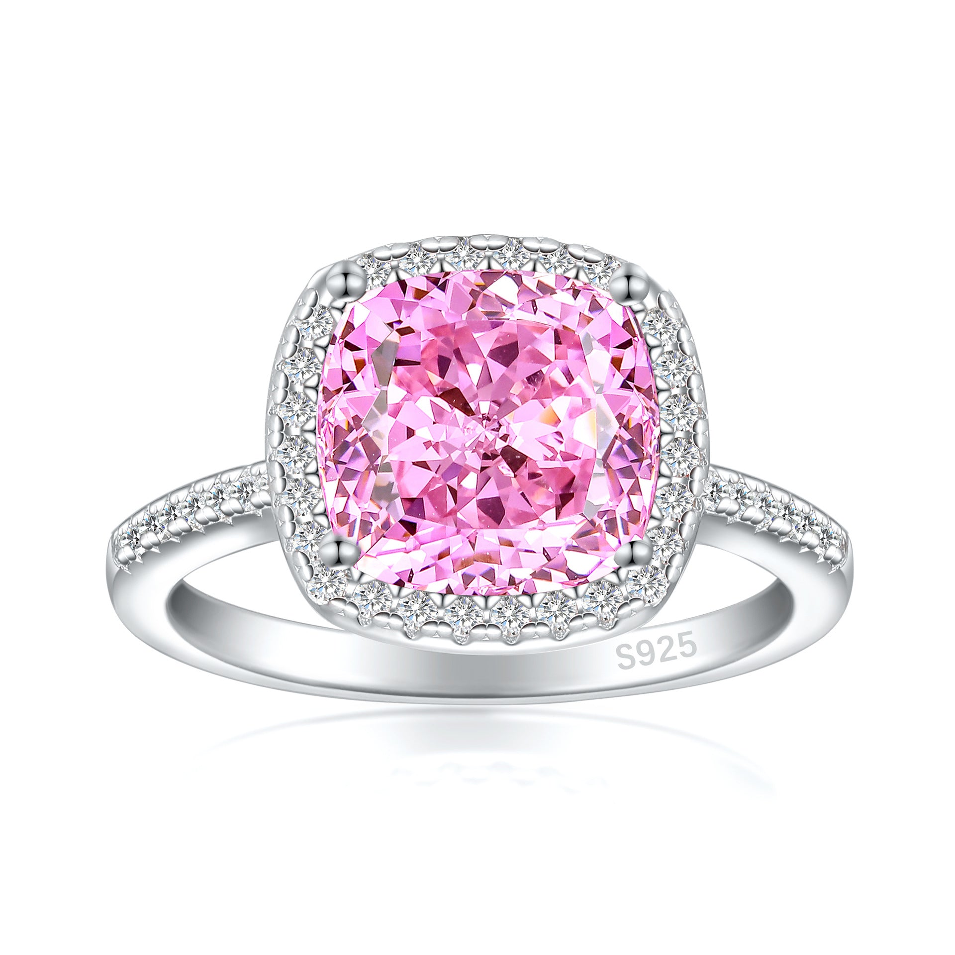 Front view of a cushion cut pink stone halo ring on an S925 sterling silver pave band