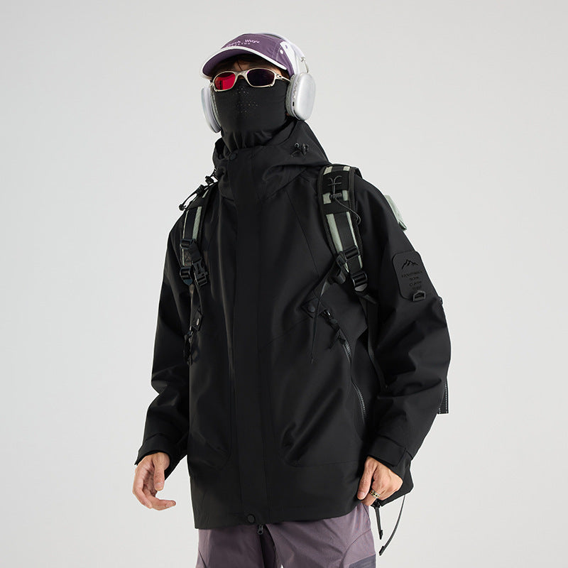 Water resistant polyester shell jacket with stand collar hood, shown with the zip in fleece liner