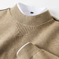 Beige men's textured knit half turtleneck long sleeve top, collar and chest insert close-up, size 4XL