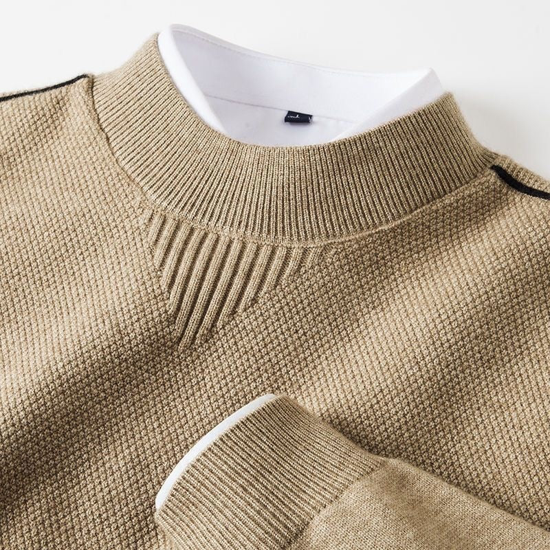 Beige men's textured knit half turtleneck long sleeve top, collar and chest insert close-up, size 4XL