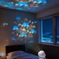 White rotating projector lamp on a bed casting blue dolphins and sea creatures on a bedroom wall and ceiling