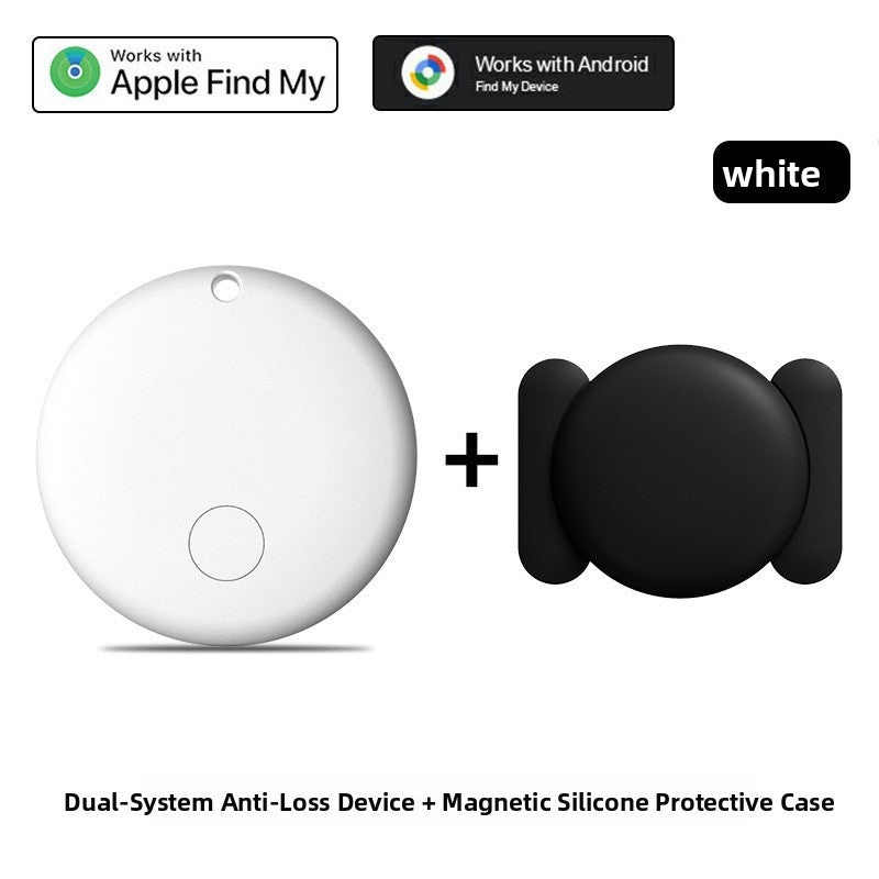 F08 White with a black magnetic silicone protective case, Apple Find My and Android Find Hub badges