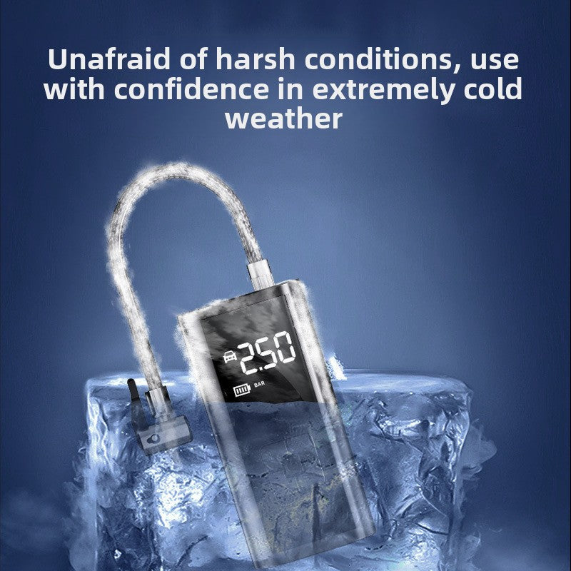 Black digital tire inflator with braided hose shown against ice to picture cold weather use