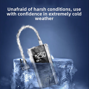 Black digital tire inflator with braided hose shown against ice to picture cold weather use