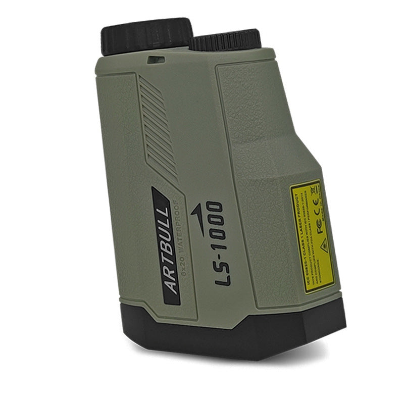ARTBULL LS-1000 rangefinder side view with the yellow Class 1 laser product label