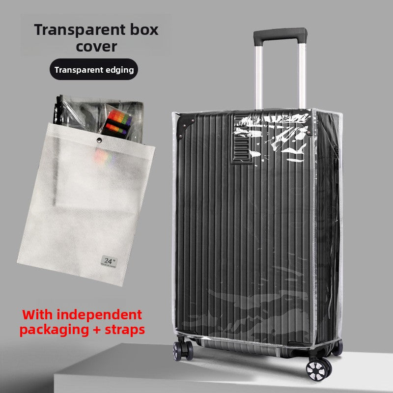 Transparent PVC luggage cover fitted over a wheeled spinner travel suitcase