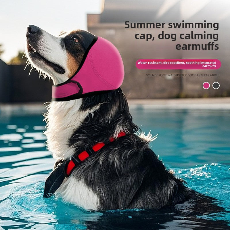 Dog wearing the ear cover snood with a black trimmed edge from the crown to the throat