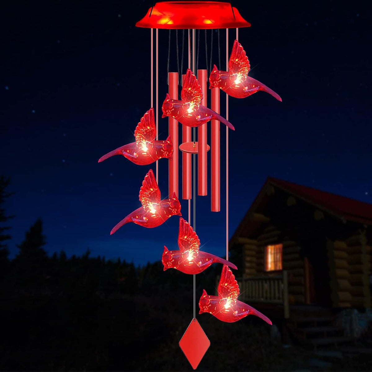 Red cardinal LED figures with red tubes and a red diamond iron pendant on a solar lamp head, black housing option