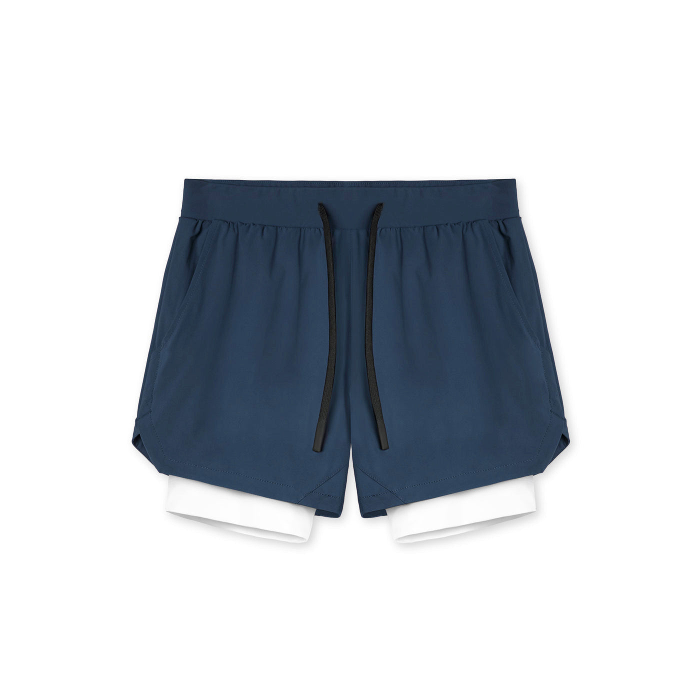 Two in one training shorts in navy blue shown flat with the inner liner, front flat lay
