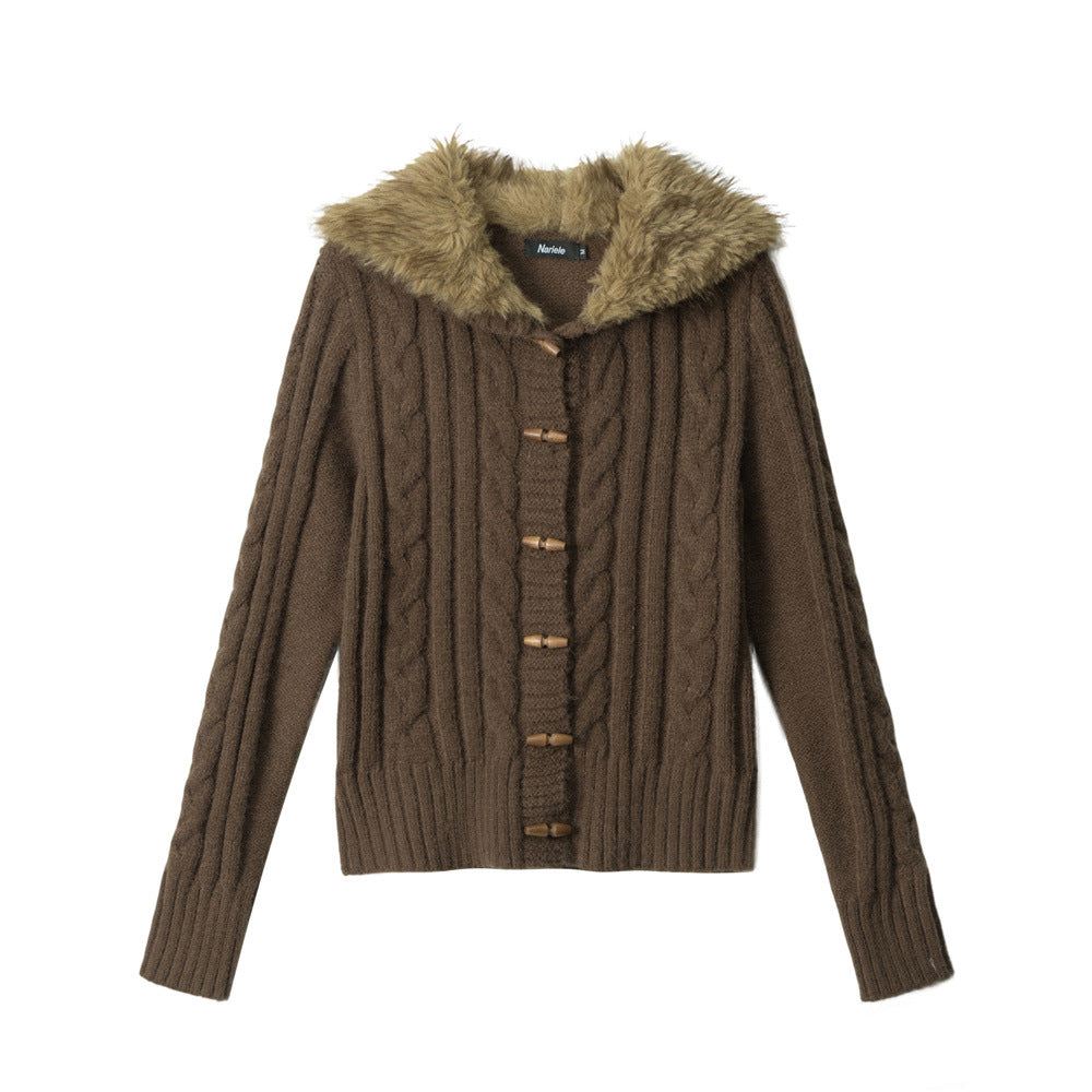 Coffee brown cable knit cardigan with wooden toggles and vegan fur trimmed hood, front view, size L