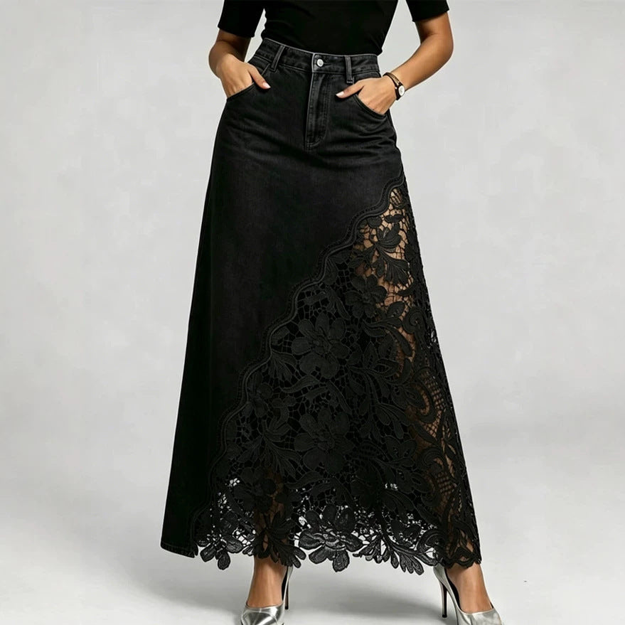 High waist A-line denim maxi skirt with a floral guipure lace panel and scalloped hem in the white colourway, back view