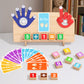 Wooden finger math board with a 5 divided by 1 sum in blocks, a fan of practice cards and loose number blocks
