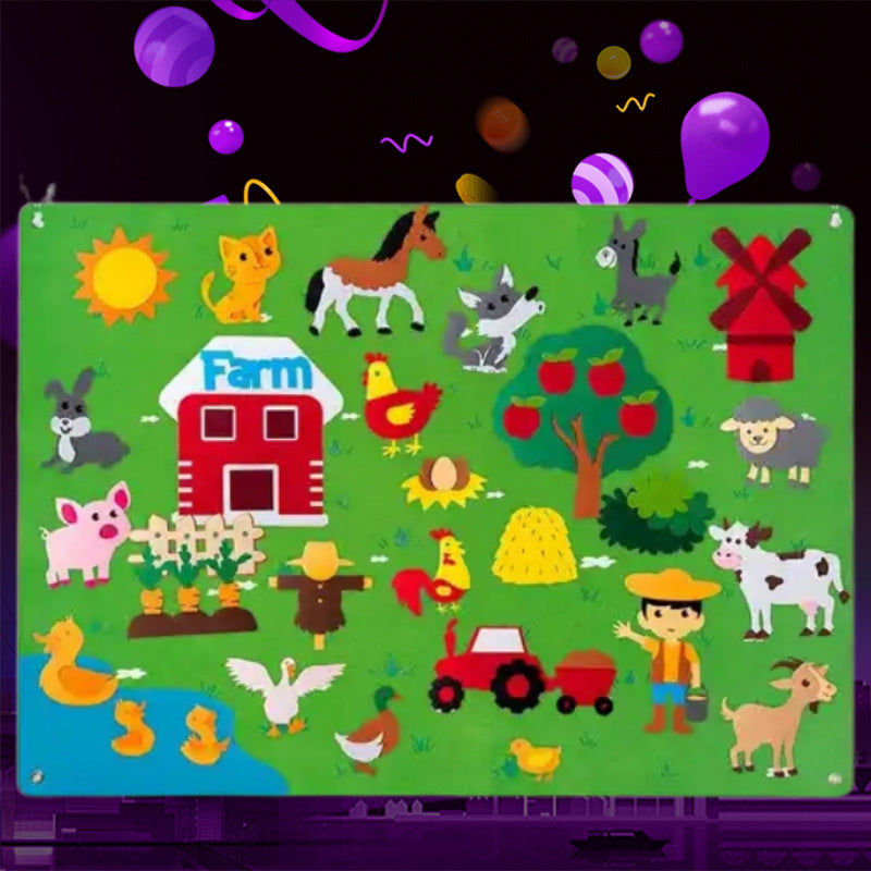 Farm themed felt story board with barn, tractor and animal felt pieces on a dark studio background