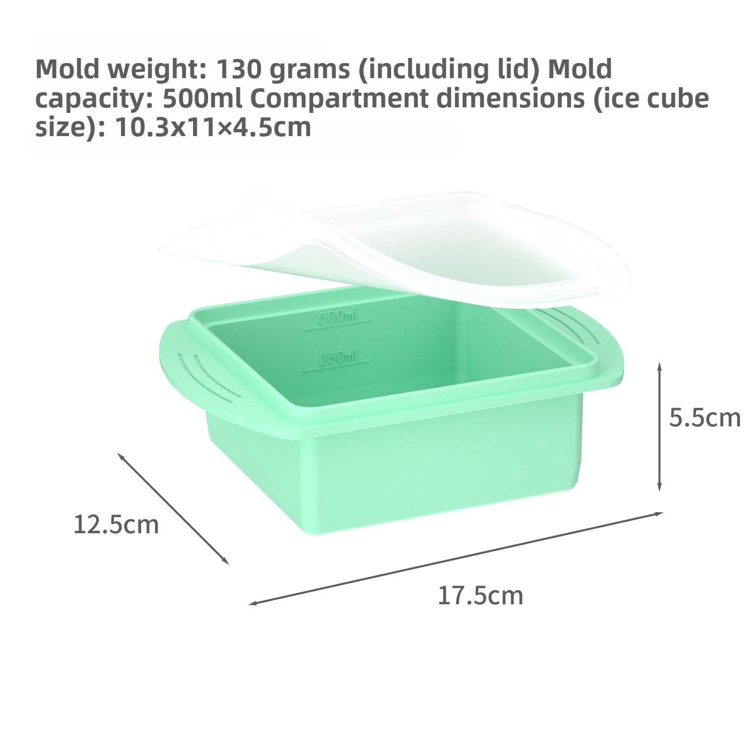 Flexible platinum silicone ice cube tray with the lid lifted off for chilled drinks