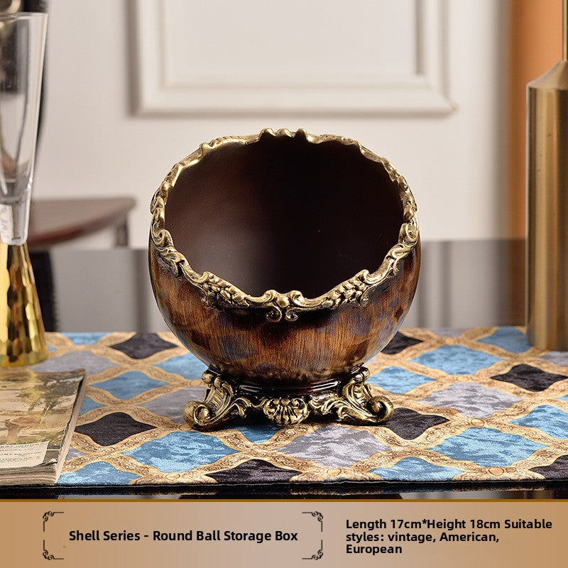 Palace style resin decor with wood grain finish, gold tone edging, and cream pearl shell panels