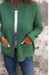 Green zip-front knit cardigan with two patch pockets, size XL