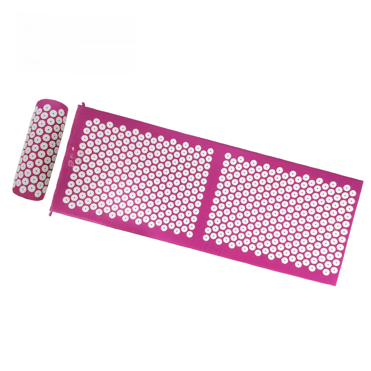 Fuchsia spiked massage mat with matching spiked head pillow, top view on a white background