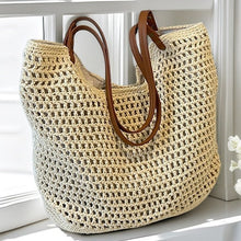 Hand-Woven Cotton Beach Tote Bag, Crochet Weave, Vegan Leather Straps
