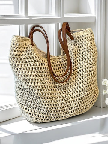 Hand-Woven Cotton Beach Tote Bag, Crochet Weave, Leather Straps