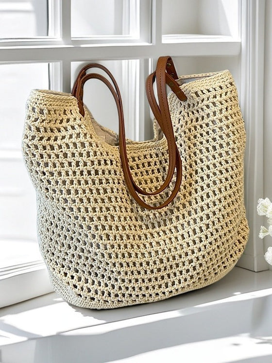 Hand-Woven Cotton Beach Tote Bag, Crochet Weave, Leather Straps