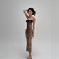 Leopard print midi dress shown flat with the black lace bust panel visible