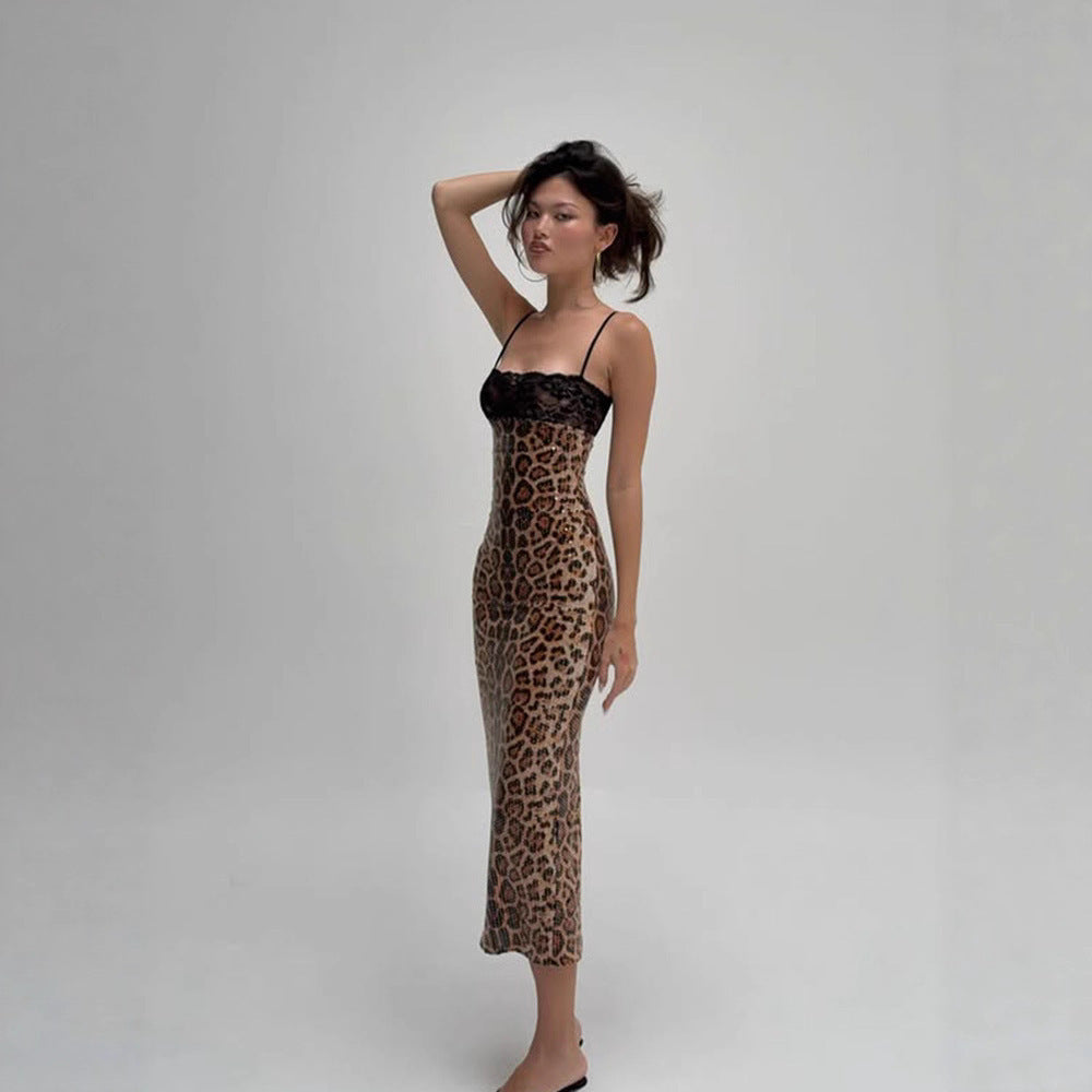 Leopard print midi dress shown flat with the black lace bust panel visible