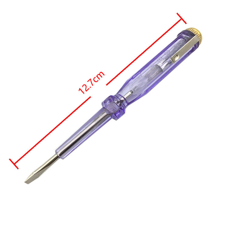Transparent voltage tester pen shown with a 12.7 cm length mark, flat blade tip and metal end cap