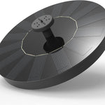 Black solar panel floating fountain disc with a central spray head and a black pump column, angled view