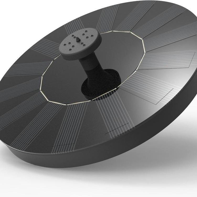 Black solar panel floating fountain disc with a central spray head and a black pump column, angled view